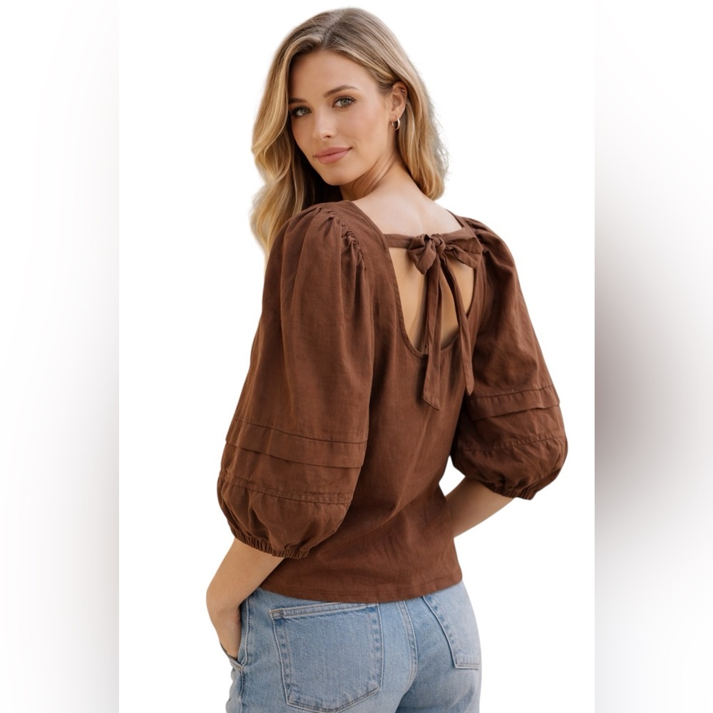 Nation LTD Puff Sleeve Top Brown  Cotton Tie Back Blouse Size Small